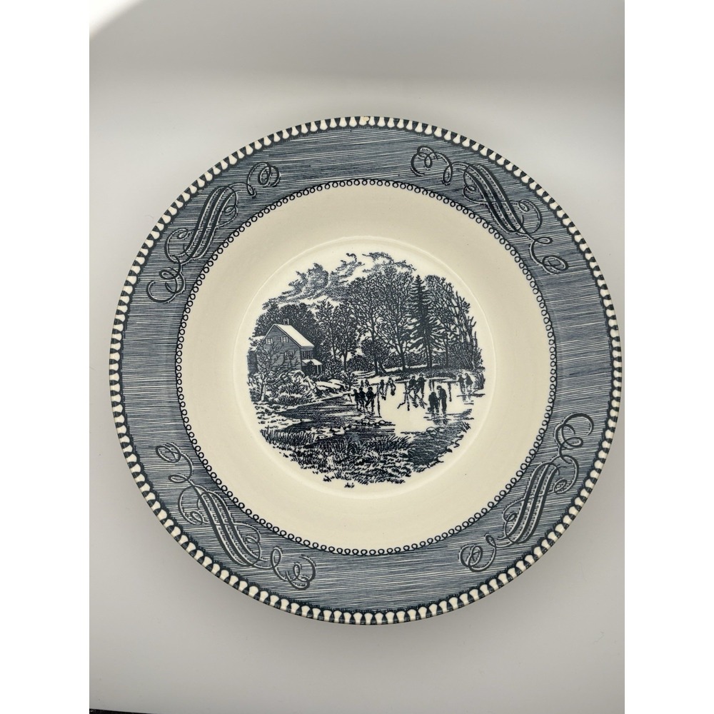 Royal China Blue Currier & Ives Early Winter Rim Soup Bowl 8.5" Vintage 1950s